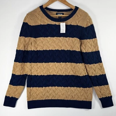 Suéter Lands End Drifter para Mujer Medio Azul Tostado Rayas Trenzado Tejido con Cable Preppy Foto 1 de 4