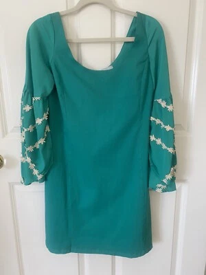 Judith March Medium Green Sheath Dress Bell Embroidered Sleeves - Image 1 of 4