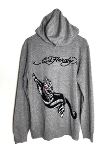 Ed Hardy Designs Zip Up Knit Sweater Hoodie Jacket Gray Panther Size XL - Picture 1 of 10