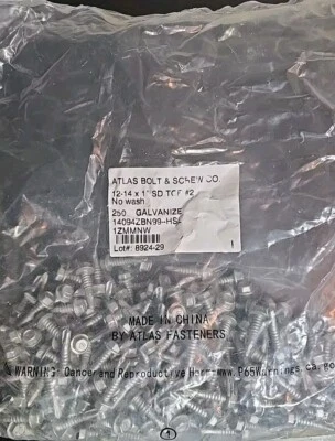 250 Atlas 12-14 x 1" Tornillos metálicos autoperforadores hexagonales galvanizados sin lavado UltraZ Foto 1 de 4