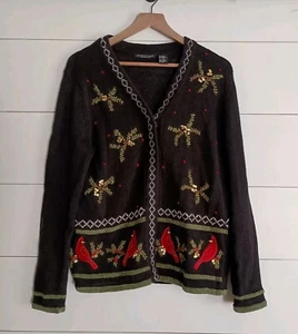 Vtg Knit Sweater Cardigan Embellished Embroidered Birds Christmas Size S - Picture 1 of 7