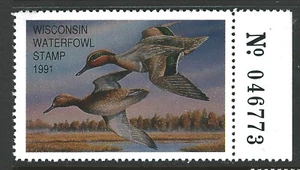 WI-14, 1991 Wisconsin Duck Stamp, $5.25 Green Wing Teal - Picture 1 of 1