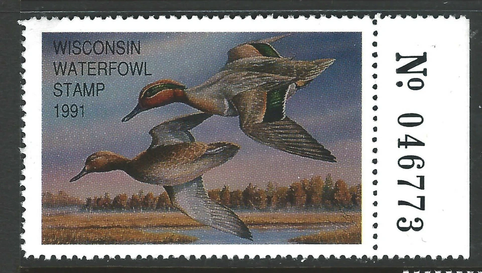 WI-14, 1991 Wisconsin Duck Stamp, $5.25 Green Wing Teal - Image 1 of 1
