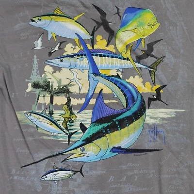 Guy Harvey T-shirt Small Gray Double Sided Pocket Marlin Florida AFTCO - Image 1 of 4