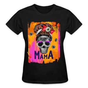 Spooky MaMa Skull Head Women's Halloween T Shirt - Picture 1 of 8
