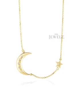 14K Gold 0.06 CT VS/F-G Diamond Crescent Moon Star Necklace Christmas Jewelry - Picture 1 of 3