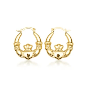 14K Yellow Gold Irish Celtic Claddagh Heart Crown Hoop Earrings - Picture 1 of 3