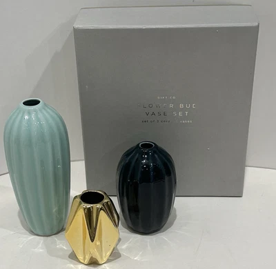 Juego de 3 jarrones West Emory Bud caja de regalo azul aguamarina oro 5" 3,5" 2,5" floral IOB Foto 1 de 4