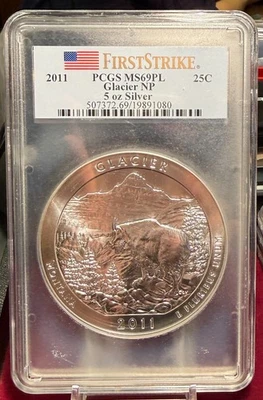 2011 GLACIER NP 5oz 25c - PCGS FIRST STRIKE MS69PL - 5oz OF .999 SILVER! - Image 1 of 4