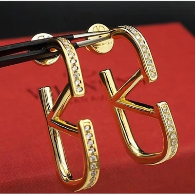 Pendientes de aro Valentino Garavani Logo Oro Cristal Lujo Diseñador NUEVO Foto 1 de 4