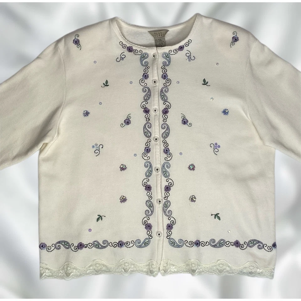 Cardigã de lã bordado preto creme vintage anos 90 tamanho XL - Imagem 1 de 4