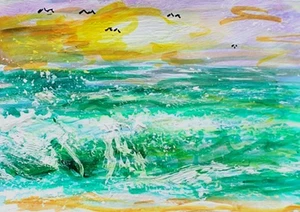ORIGINAL ACEO Painting Beach Waves OCEAN Summer Shore Tide Sky Sea SUNSET ART - Picture 1 of 1