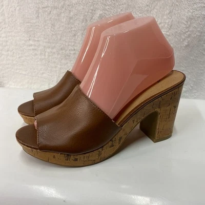 American Eagle Mule Block Heel Women US 8 Brown Leather Peep Toe Cork Platform - Image 1 of 4