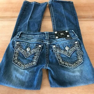 Miss Me Signature Rise Bootcut Jeans Women 26 Blue Low Rise Thick Stitch Biker - Picture 1 of 16