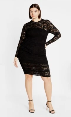 City Chic Dress Size M / 18 Ruched Lace Black Bodycon Knee Length LBD Frankie - image 1 of 4