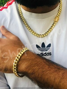 Men Miami Cuban Link 10mm 20" Chain & 8.5" Bracelet Set 14k Gold Plated Cz Lock - Picture 1 of 10