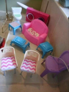 Lot of 11 of Barbie & Other Mixed Doll Furniture .stools,couch,tables,wash dryer - Picture 1 of 5