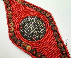 UNIQUE RARE VINTAGE WIDE AFRICAN BELT HAND STITCHED CORAL BEADS ORNAMENTAL DECOR - Picture 1 of 9