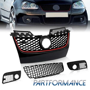 Main Hex Mesh Grille Glossy Black w/ Red Trim For VW MK5 GTI Jetta GLI 2006-2009 - Picture 1 of 12