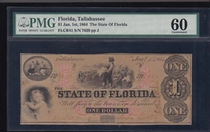 US 1864 $1 State of Florida Tallahassee Obsolete Currency PMG 60 CU (620) - Picture 1 of 2