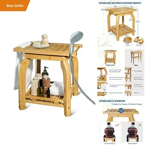 Natural Bamboo Shower Stool, Solid Bamboo Bath Chair, Waterproof & Durable, Eco- - Picture 1 of 6