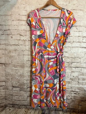 Mica Wrap Dress Womens Medium Retro Pink Swirl Prints Tie Midi Stretch V Neck - Image 1 of 4