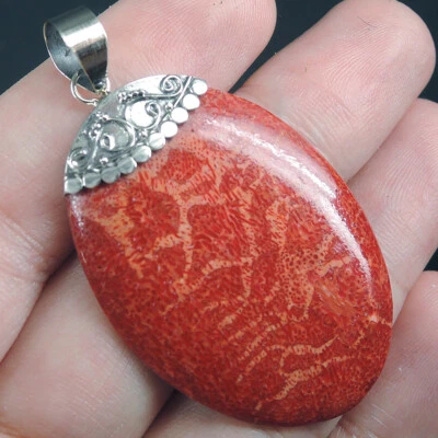 Ciondolo ovale in argento sterling 925 corallo rosso naturale gioielli fatti ... - Immagine 1 di 4