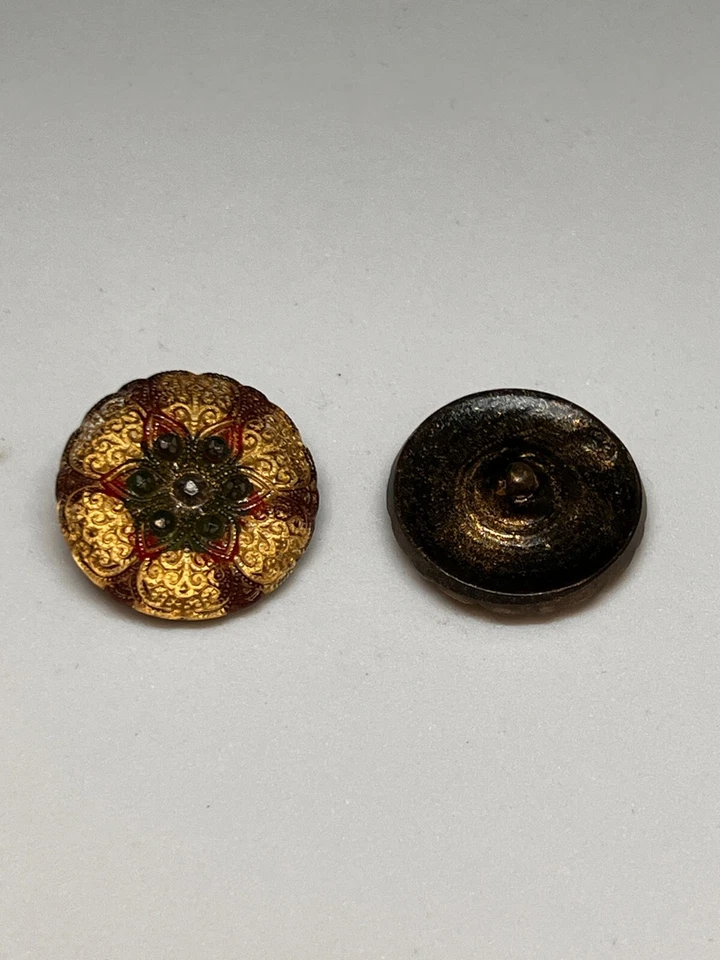 Exquisite Bohemian Glass Designer Buttons - Intricate Gold Detailing and Jewel - Image 1 of 1