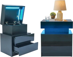 LED Nightstand with 2 Drawers, Bedside Table with High Gloss Drawers for Bedroom - Picture 1 of 10
