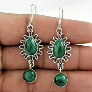 Natural Malachite Gemstone Dangle Earrings For Woman 925 Sterling Silver Jewelry - Picture 1 of 6