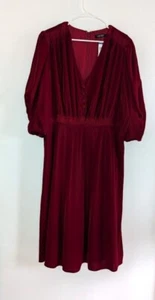 Lauren Ralph Lauren Dress Size 18 Red Velvet Puff Sleeve Midi Buttons V Neck NEW - Picture 1 of 7