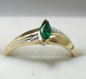 Vintage Two Colour 10 carat Gold Marquise Cut Green Tourmaline Solitaire Ring - Picture 1 of 4