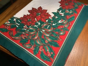 Vintage White Christmas Cotton Tablecloth Red Poinsettia Green Border 56” X 84” - Picture 1 of 9