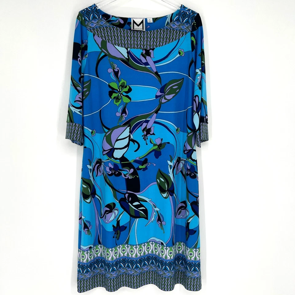 Marc Bouwer Dress Womens XL Retro Floral 70s Blue Tropical Hippie Shift - Image 1 of 4