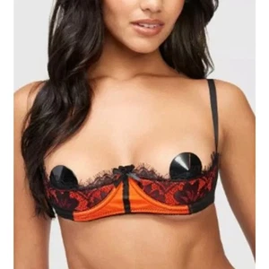 NWT! Frederick's of Hollywood Lux Lace Orange Satin Open Cup Shelf Bra 14 34C - Picture 1 of 6