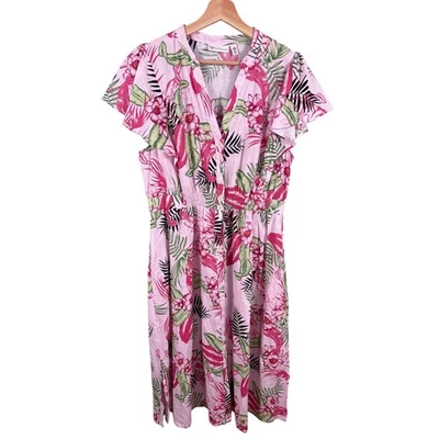 Vestido maxi de linho Rafaella feminino tamanho XL rosa floral ilha tropical manga gorro - Imagem 1 de 4