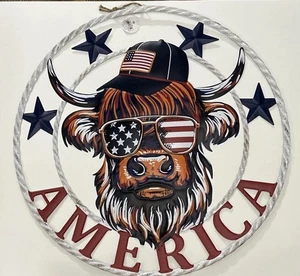 Patriotic Highland Cow Farm Metal Wall Sunglasses AMERICA Red White Blue 21.25” - Picture 1 of 11