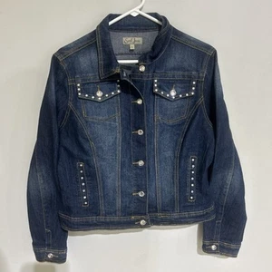 EARL Women Blue Denim Rhinestone Button-Front Chest Pockets Jean Jacket Large - Picture 1 of 10