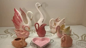 Estatuilla de cerámica vintage de jardineras cisnes MCM Norcest EE. UU. cerámica (juego de 9 piezas) - Imagen 1 de 7