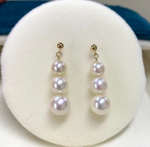 Luster~Multi white-rose Japanese Akoya pearl drop earrings 18k solid yellow gold - Picture 1 of 10