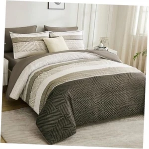 Comforter Set Size 7 Piece Bed in a Bag, Boho Striped Bedding Set, Queen Brown - Picture 1 of 8