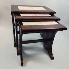 Lovely Mid-Century Modern Nested Side-Tables Teak & 2 Beige Ceramic Tiles Each