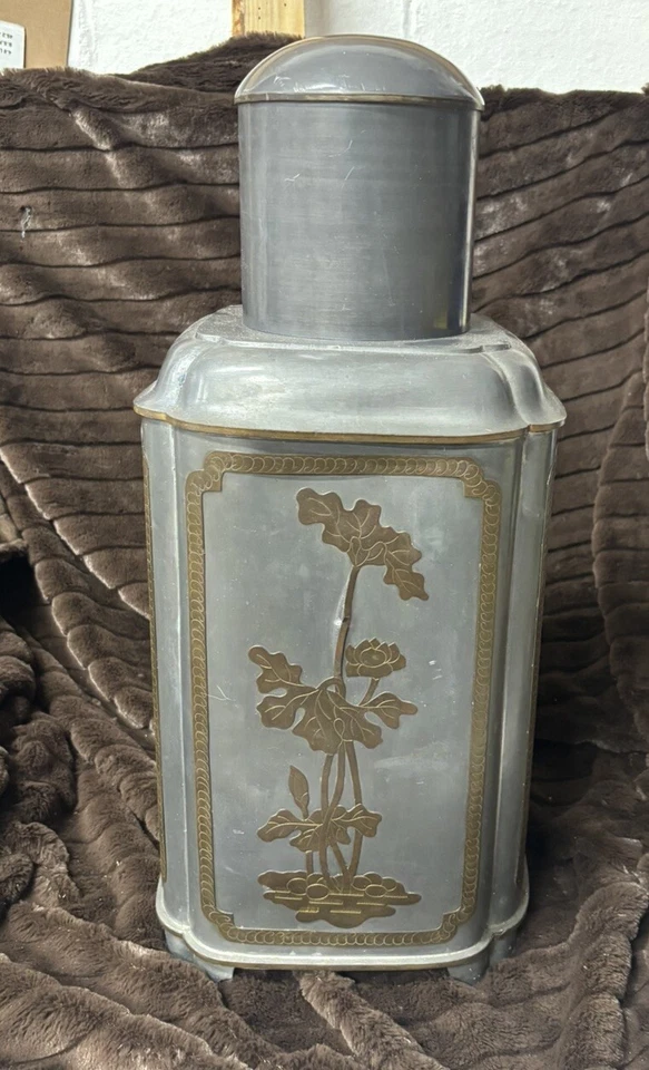 Antique Hong Kong Chinese Pewter Tea Canister Jar Engraved Flowers Brass - Image 1 of 4