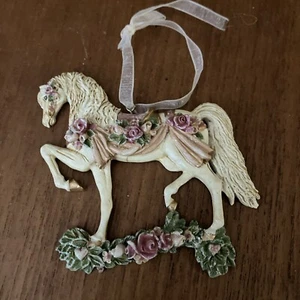 Rearing White Horse Christmas Ornament Flowers Vintage Roses Pink Pony - Picture 1 of 3