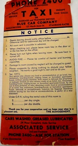 Vintage Blue Cab Company 127 North Main Street Phone 2400 Hotel Room Rate Card - Picture 1 of 4