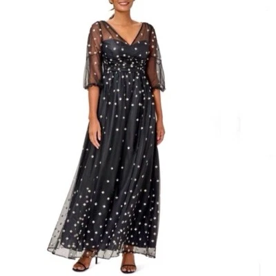 Adrianna Papell Womens Dress Size 6 Black Gold Glitter Tulle V Neck Cocktail - Image 1 of 4