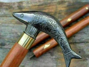 Victorian Cane Wooden Walking Stick Fish Handle Vintage Antique Style Brass - Picture 1 of 3