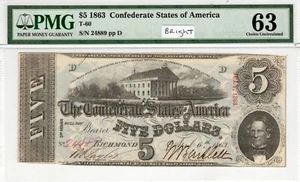T-60 PF-21 1863 $5 Confederate Paper Money - PMG Choice Uncirculated 63 - bright - Picture 1 of 2