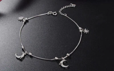 B22 Cavigliera Luna E Stella Asterisco Argento Sterling 925 - Immagine 1 di 4