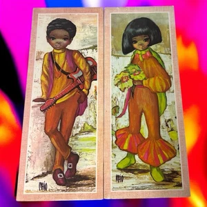 Vintage Maio Big Eyed Litho Set Of 2 African American Kids Neon Colors Sealed  - Picture 1 of 14